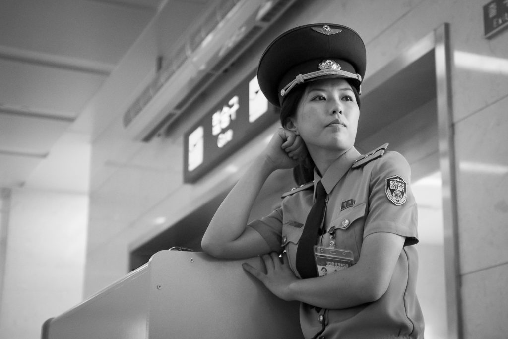 Air Koryo staff at Pyongyang airport on a North Korea tour