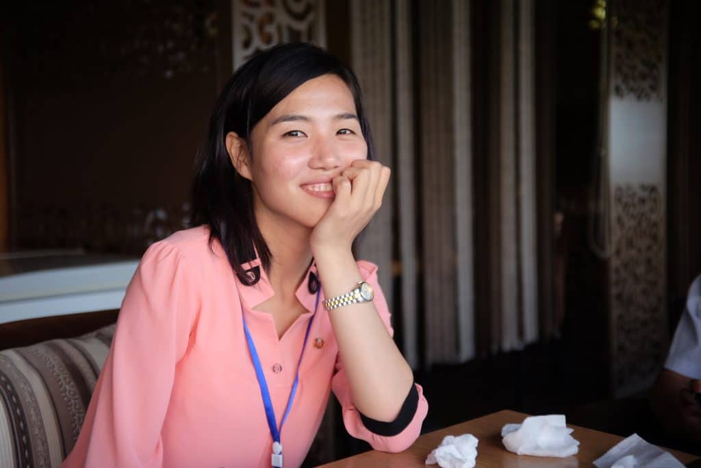 North Korean local guide at a Pyongyang cafe