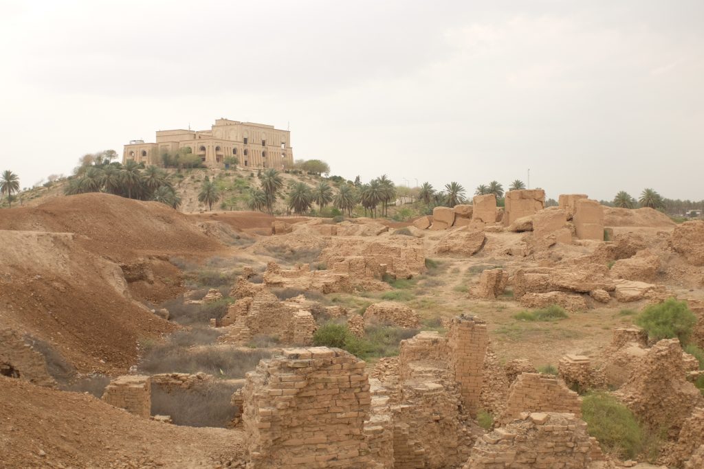 Looking up at the Saddam Hussein Palace in Babylon, Iraq