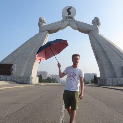 Reunification highway Tourist at the reunification monument, Pyongyang
